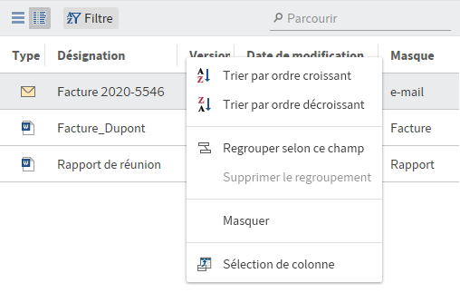 Section 'Traitement', menu contextuel de l'affichage de tableau