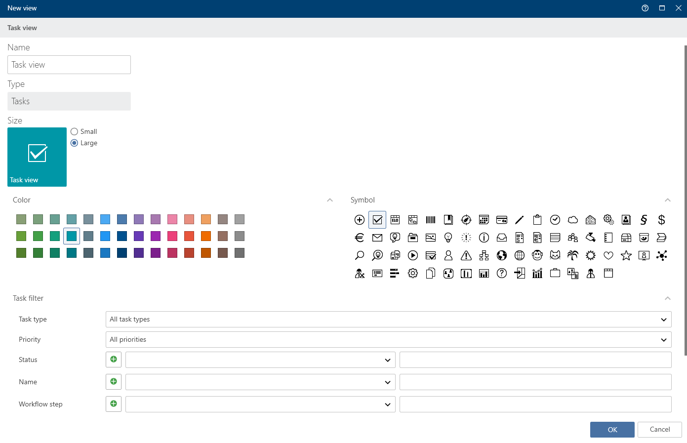 'New tasks view' dialog box