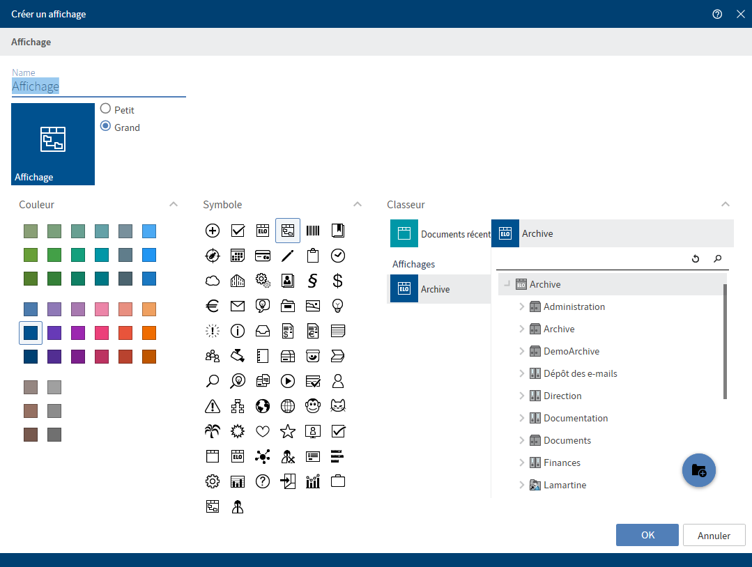 Configuration; dialogue 'Créer un affichage'