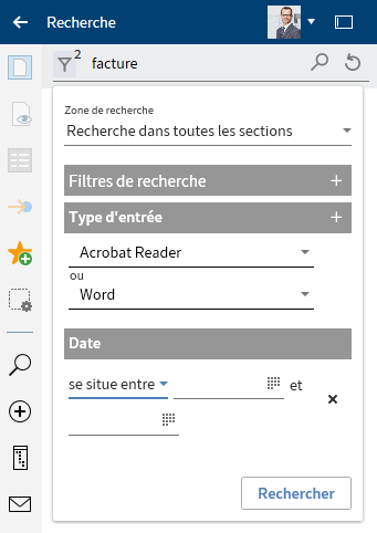 Filtre de recherche "Date"; option 'entre'