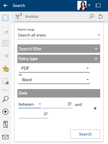 'Date' search filter; 'between' option