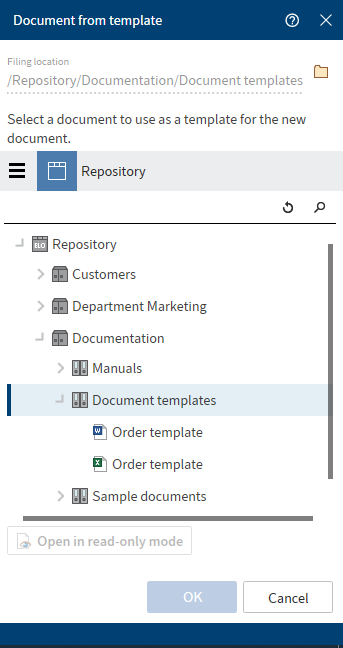 'Document from template' dialog box