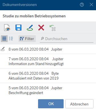 Ausschnitt aus dem Dialog 'Dokumentversionen'
