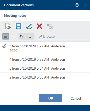 Excerpt from the 'Document versions' dialog box