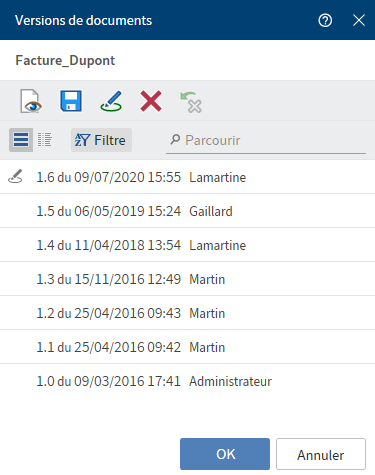 Extrait du dialogue 'Versions de document'