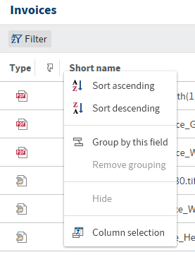 Folder preview; Table view context menu
