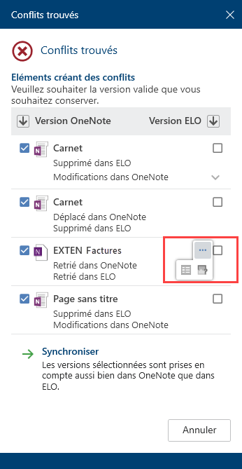 Dialogue 'Conflits trouvés'; autres fonctions