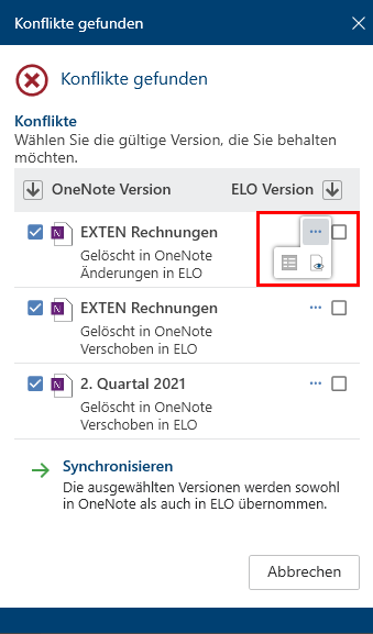 Dialog 'Konflikte gefunden'; Weitere Funktionen