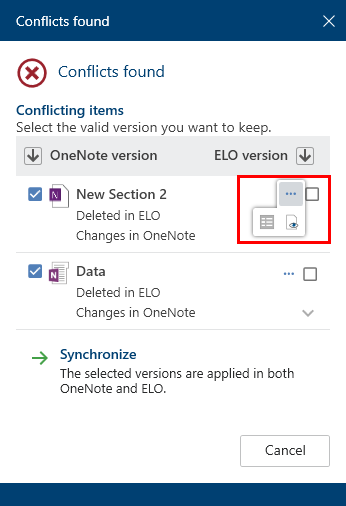 'Conflicts found' dialog box; Additional functions