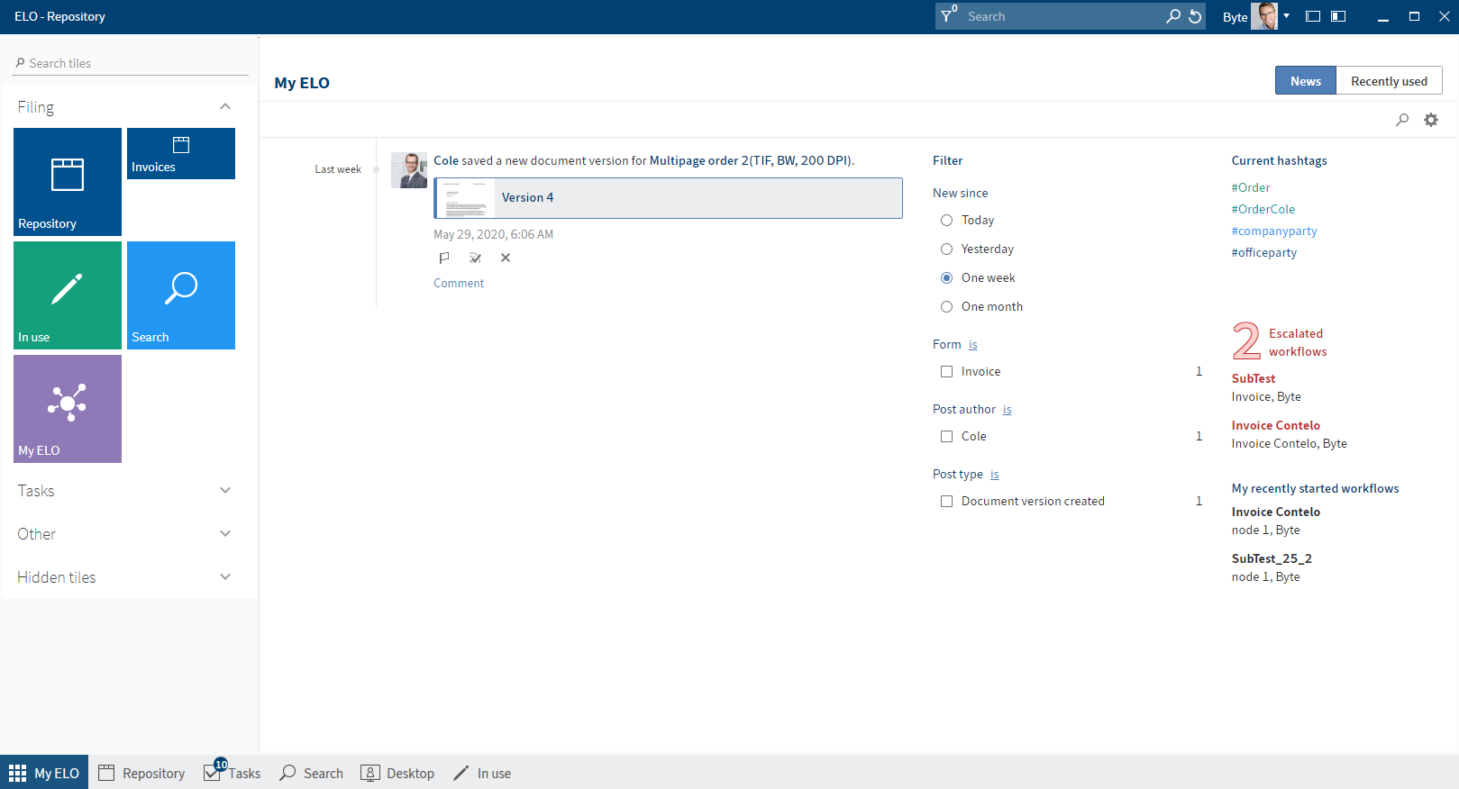 ELO Desktop Client Plus interface; 'My ELO' work area