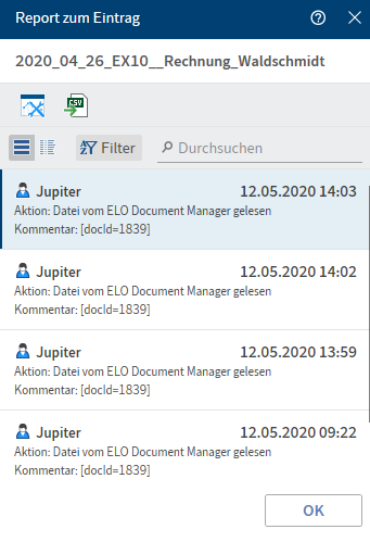 Erstellter Report zum Eintrag in der Listenansicht
