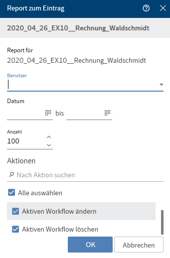 Ausschnitt aus Dialog 'Report zum Eintrag'
