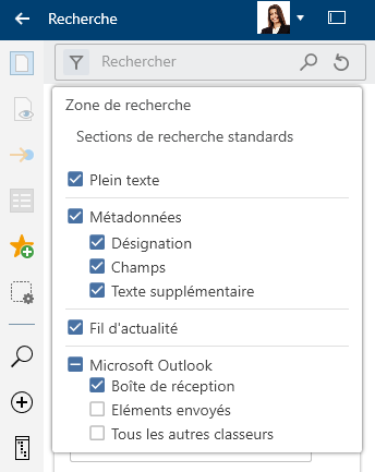 Menu 'Sections de recherche' 