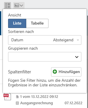Dialog des Buttons 'Sortieren, Gruppieren und Filtern'