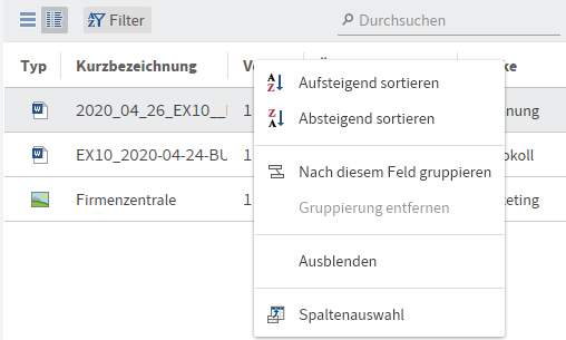 Funktionsbereich 'Bearbeitung', Kontextmenü der Tabellenansicht