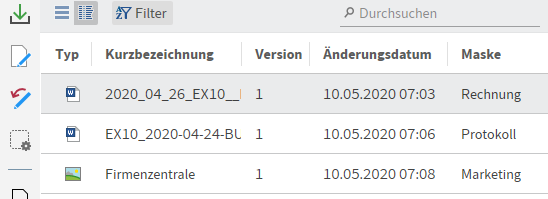 Funktionsbereich 'Bearbeitung', Tabellenansicht