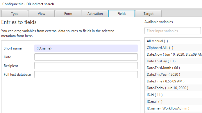 Suchkachel konfigurieren, Tab 'Felder', Eintragen der Variable