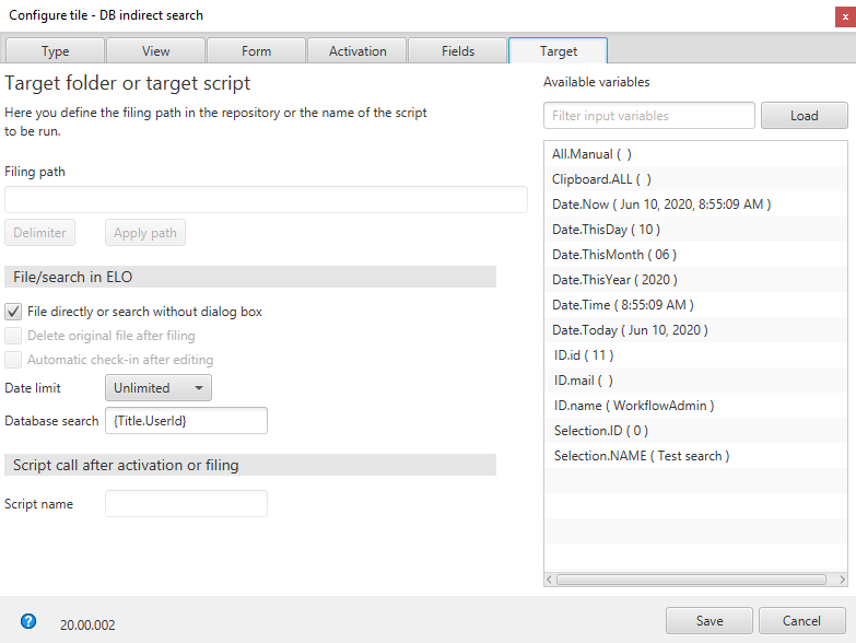 Suchkachel konfigurieren, Tab 'Ziel', Eintragen der Variable im Feld 'Datenbanksuche'
