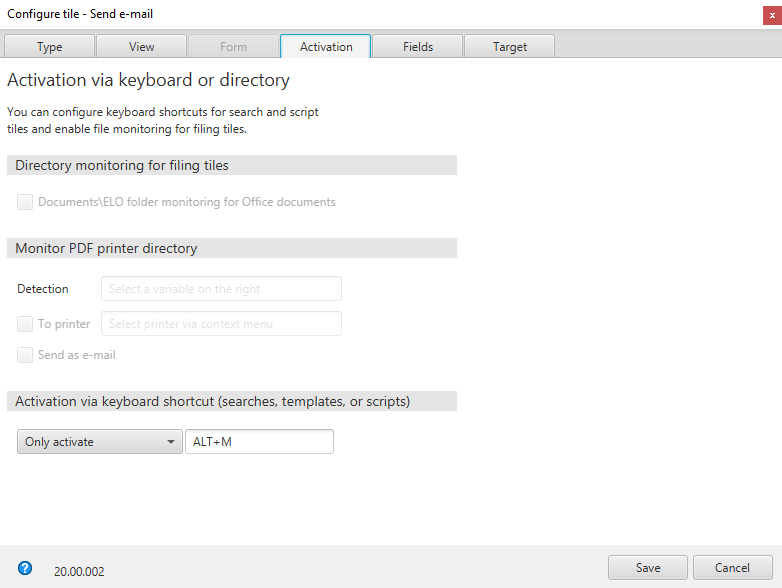 Vorlagenkachel konfigurieren, Tab 'Aktivierung', Tastaturbefehl definieren