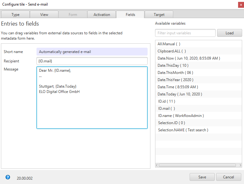 Vorlagenkachel konfigurieren, Tab 'Felder', Belegen der Felder mit Variablen
