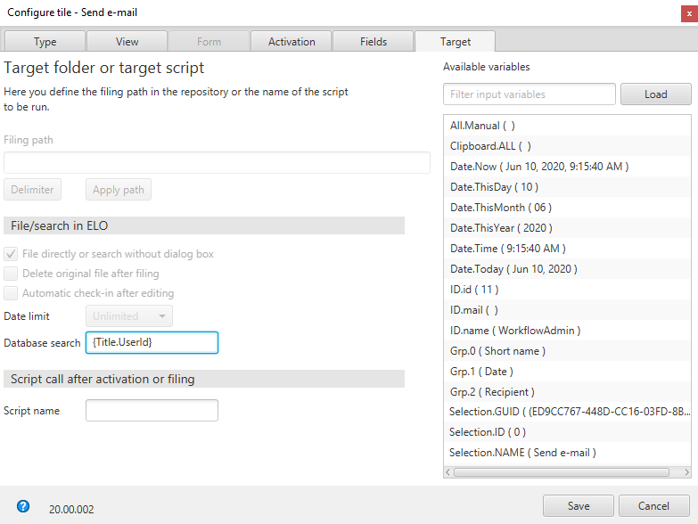 Vorlagenkachel konfigurieren, Tab 'Ziel', Eintragen der Variable im Feld 'Datenbanksuche'