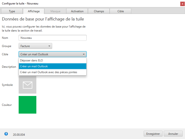 Konfiguration 'Outlook Mail erzeugen', Tab 'Anzeige'