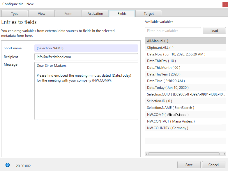 Konfiguration 'Outlook Mail erzeugen', Tab 'Felder'