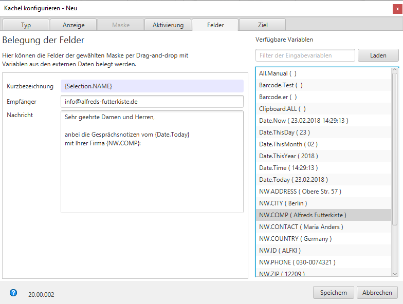 Konfiguration 'Outlook Mail erzeugen', Tab 'Felder'