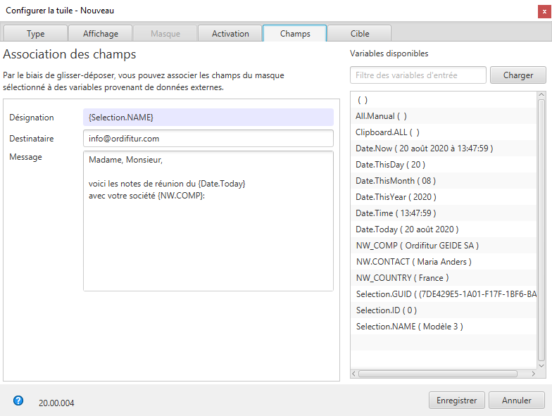 Konfiguration 'Outlook Mail erzeugen', Tab 'Felder'