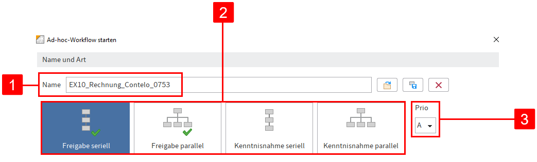 ELO Java Client; Dialog 'Ad-hoc-Workflow starten'; Bereich 'Name und Art'; Feld 'Name', 4 voreingestellte Workflows und Drop-down-Menü 'Prio'