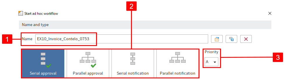 ELO Java Client; 'Start ad hoc workflow' dialog box; 'Name and type' area; 'Name' field, 4 preconfigured workflows and 'Priority' drop-down menu.