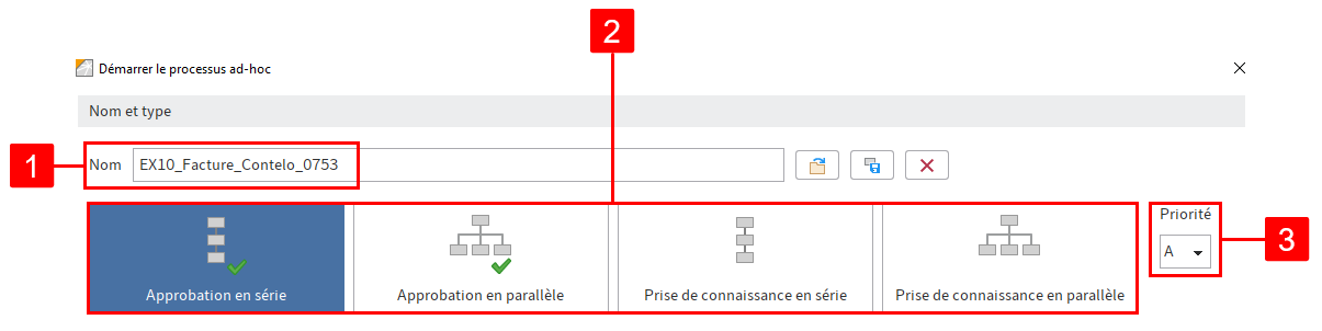 Client Java ELO; dialogue 'Démarrer le processus ad hoc'; section 'Nom et type'; Champ 'Nom', 4 processus pré-configurés et menu déroulant 'Prio'