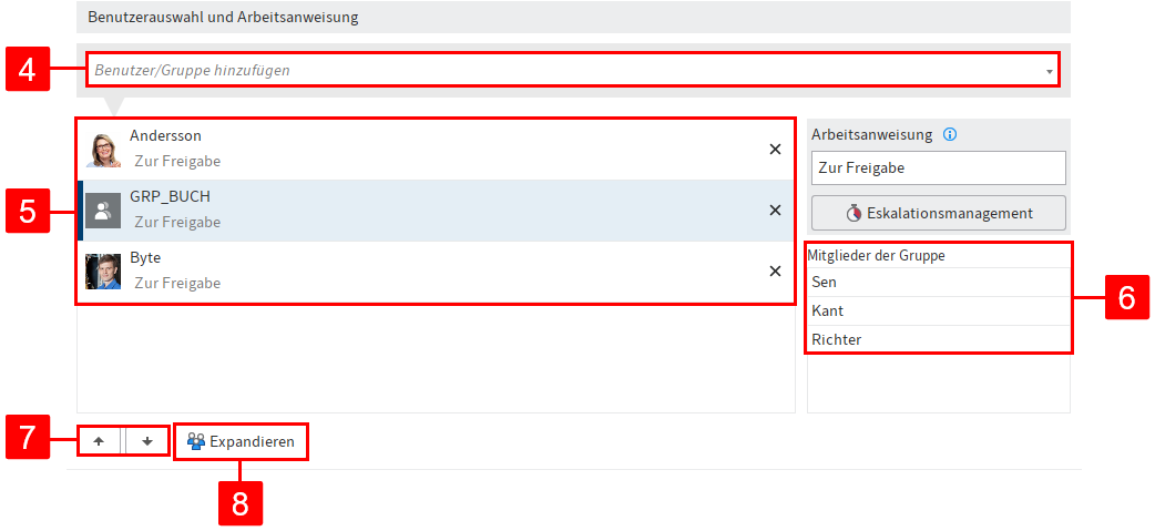 Bereich 'Benutzerauswahl und Arbeitsanweisung'; Feld 'Benutzer/Gruppe hinzufügen', zwei hinzugefügte Benutzer und eine Gruppe, Liste 'Mitglieder der Gruppe', Pfeil-Buttons und Button 'Expandieren'
