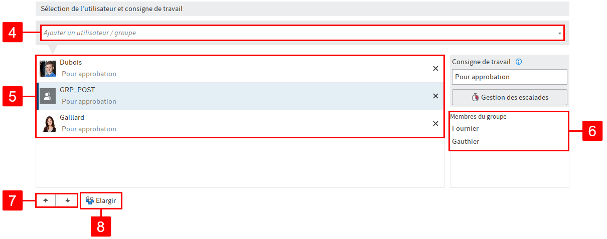 Section 'Sélection des utilisateurs et consignes de travail' ; champ 'Ajouter un utilisateur/groupe', deux utilisateurs et un groupe ajoutés, liste 'Membres du groupe', boutons fléchés et bouton 'Développer'.