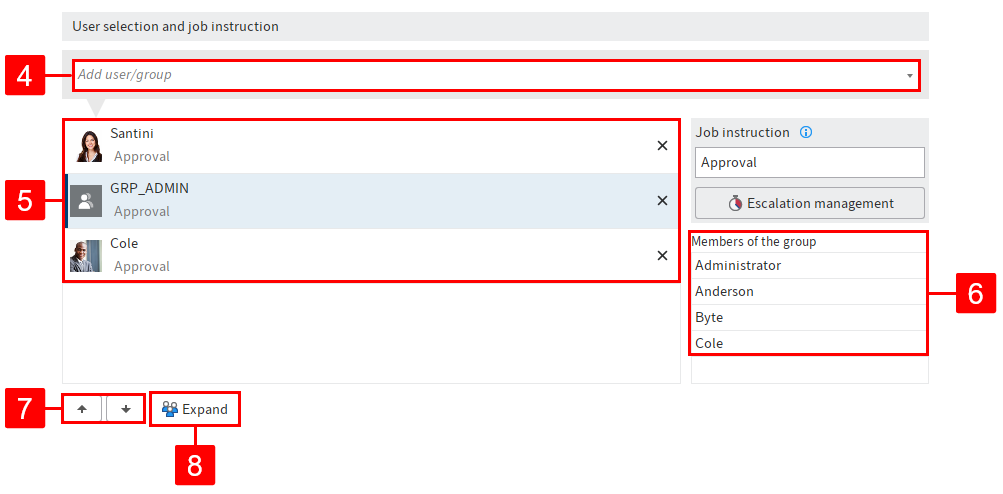 'User selection and job instruction' area; 'Add user/group' field; two added users and one group, 'Members of the group' list; arrow buttons and 'Expand' button