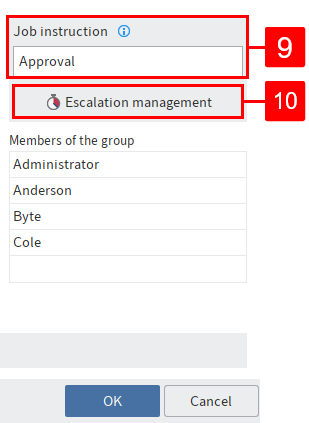 'User selection and job instruction' area; 'Job instruction' field and 'Escalation management' button