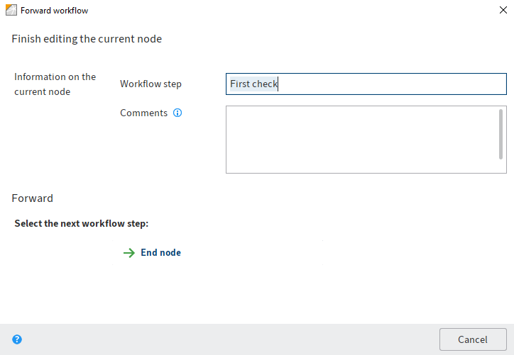 'Forward workflow' dialog box; 'Workflow step' and 'Notes' fields; Buttons for the workflow steps 'Approve' and 'Reject'