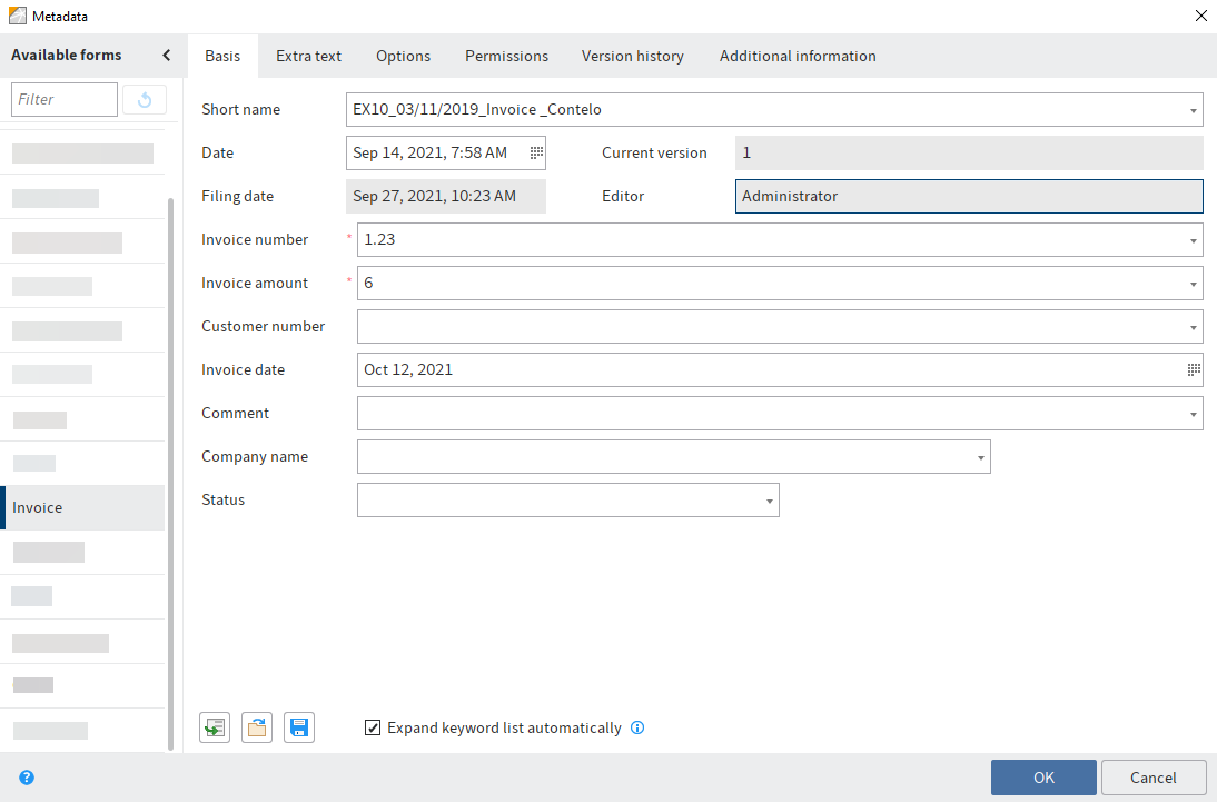 Metadata dialog box with metadata form