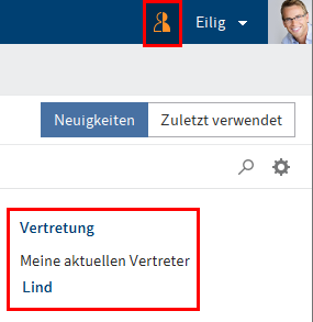 Oranges Figur-Symbol im Menüband, Bereich 'Vertretung' in 'Mein ELO' mit Text 'Meine aktuellen Vertreter: Igel'