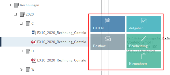 Funktionsbereich 'Ablage'; Kachel-Overlay bei markiertem Eintrag