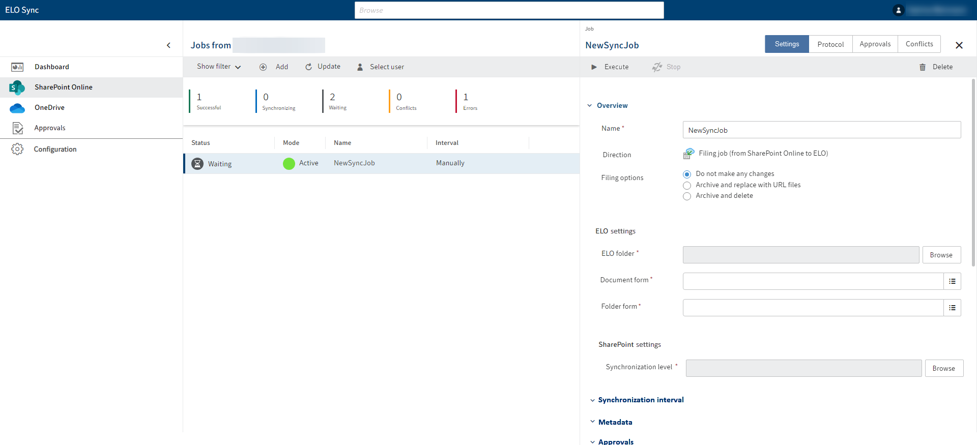 'Filing job' configuration area