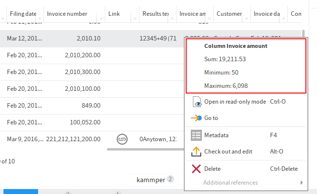 Helyi menü számértékes oszlopnál
