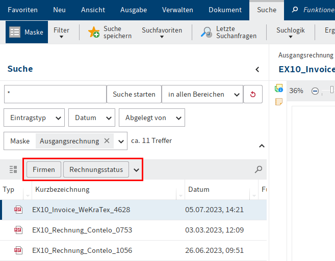 Funktionsbereich 'Suche'; Funktionsleiste im Suchergebnis mit mehreren Dashboards