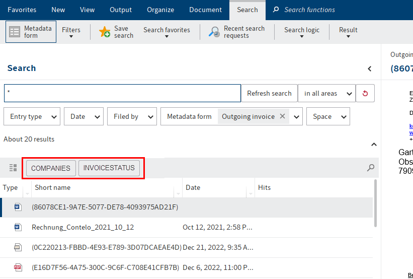 'Keresés' funkcióterület; funkciósor a keresési eredményben több kezelőpanellel