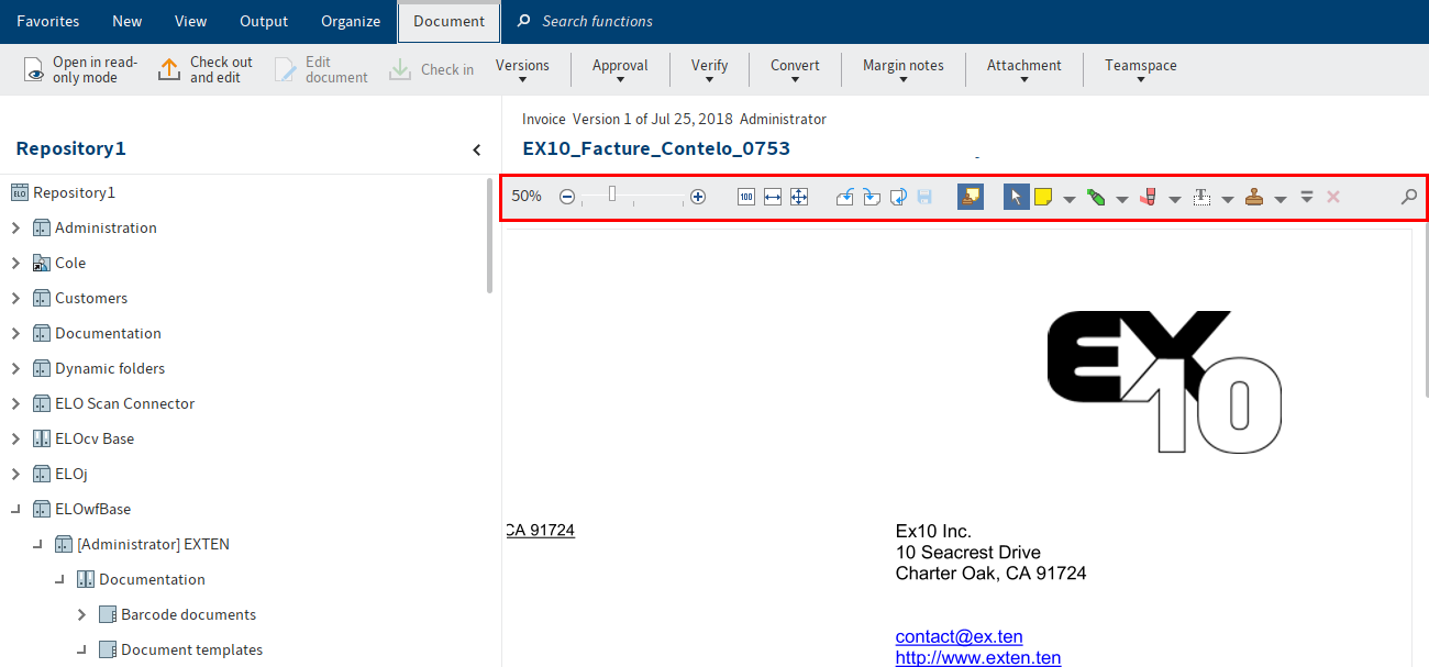 'Archívum' funkcióterület; a dokumentumnéző feletti megjelenítő sáv