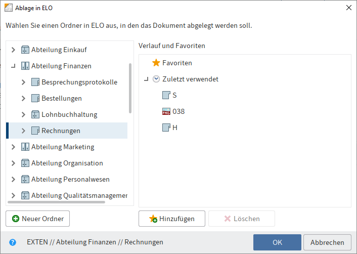Dialog 'Ablage in ELO'