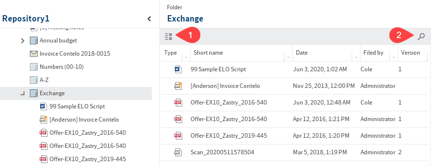 Mappák tartalma a megjelenítési területen; funkciósor a bejegyzések rendezéséhez és a kereséshez szükséges gombokkal