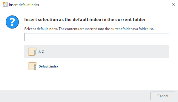 'Insert default index' dialog box