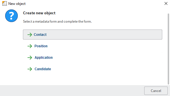 "Új objektum létrehozása" párbeszédpanel öt opcióval