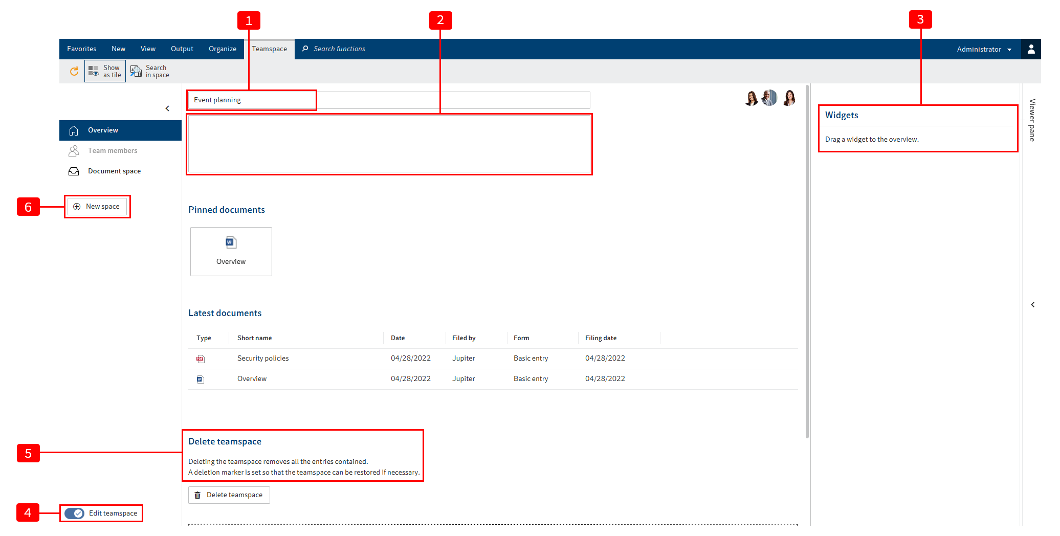 'Teamspace szerkesztése' az 'Áttekintés' területen